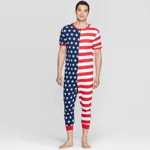 America USA Red White Blue Snooze  Cotton Zipper Onesie Pajama Bodysuit Medium